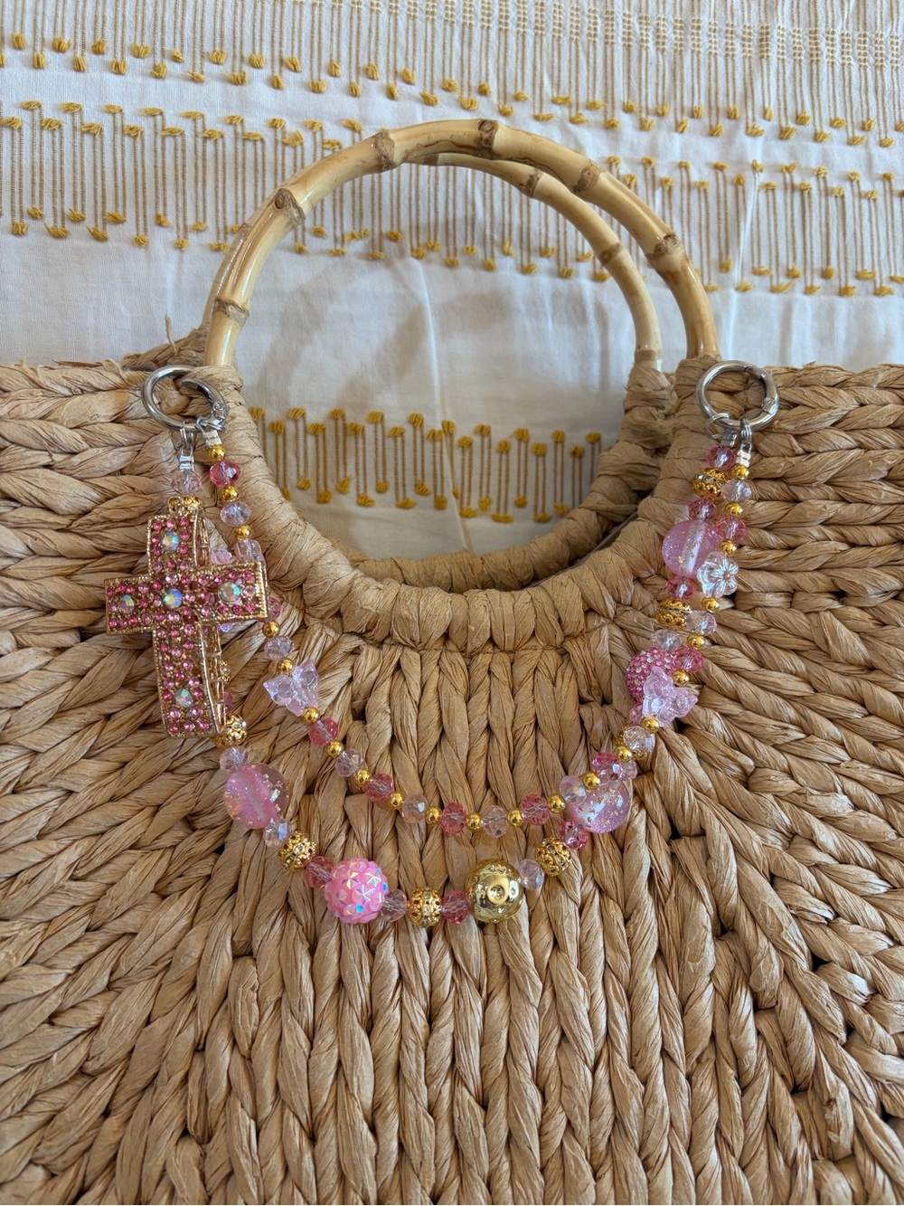 Handmade Pink Beaded Cross Bag Charm Keychain